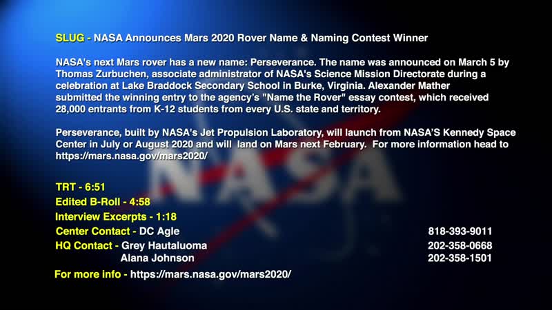 NASA TV Video File Package-NASA Announces Mars 2020 Rover Name & Naming Contest Winner